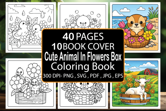 Cute Animal in Flowers Box Coloring Book